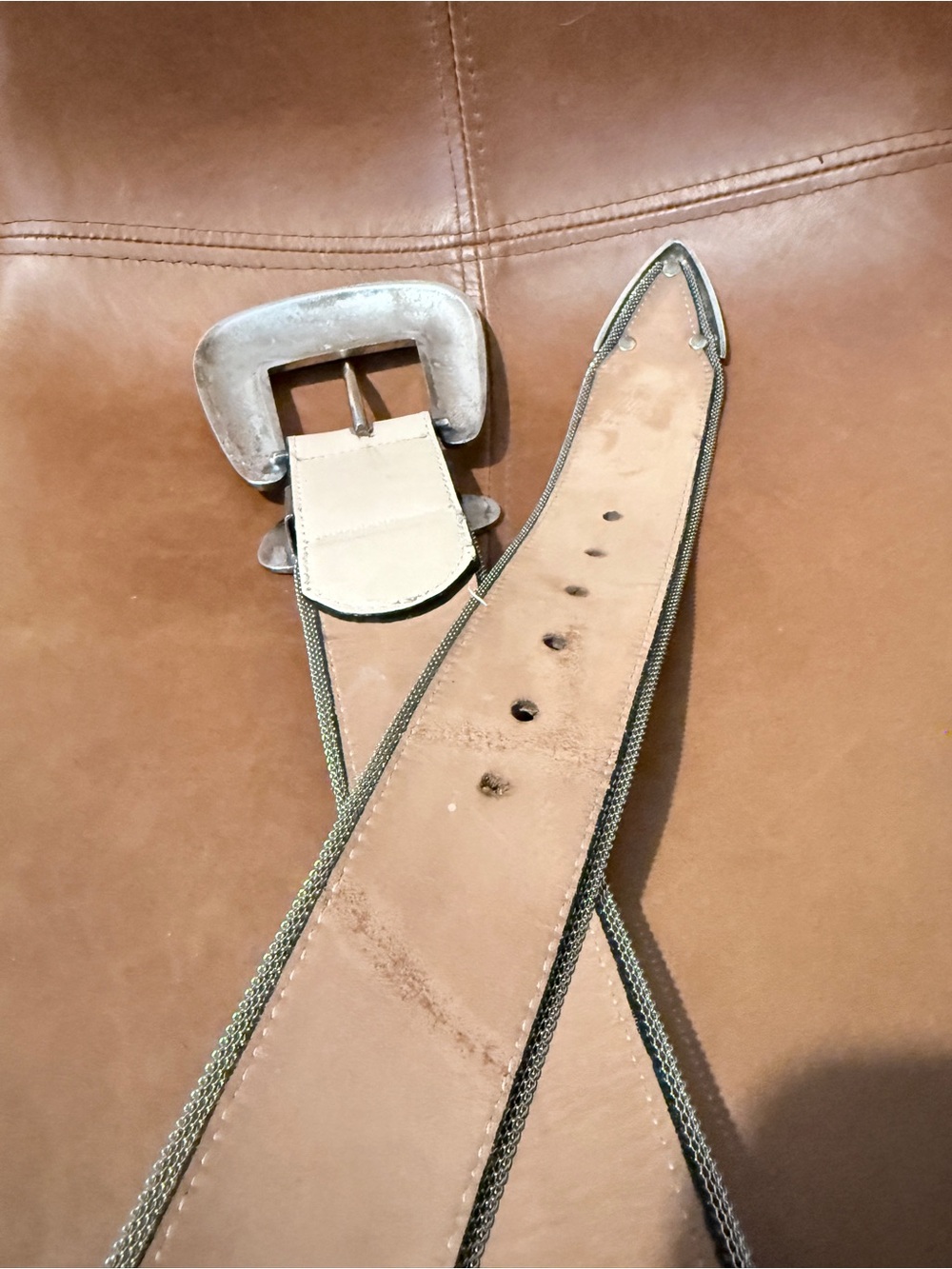 Streets Ahead Big Buckle Cream Western Silver Mesh Trim Leather Belt L - Picture 4 of 9